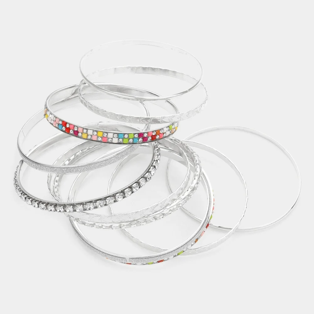 Silver 11 Piece Stack Metal Bangle Bracelets Set Mixed Layered Stone